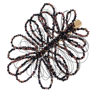 Handmade black beaded flower hair clip with crystal accents and gold metal duckbill clip