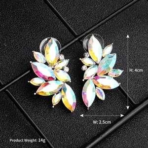 Detailed view of colorful AB crystal butterfly earrings for bridal parties and galas