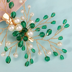 Fermaglio per capelli da sposa con filo dorato, cristalli verdi e perle per matrimoni