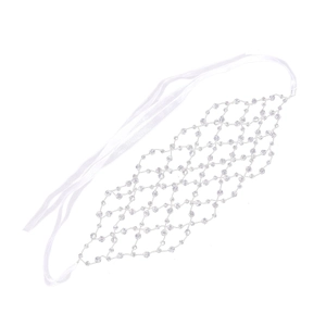 Handmade bridal crystal mesh headband with white organza ribbons for wedding hair styling