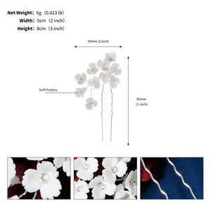 Detailed size chart for handmade white soft pottery flower hair pin showing 8cm height