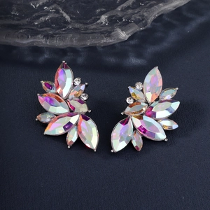 Luxury Marquise Cut Crystal AB Rhinestone Drop Earrings Alloy Floral Leaf Cluster Stud Earrings For Women Wedding Party Jewelry