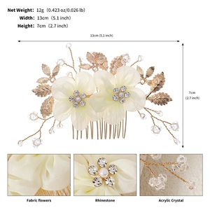 Detailed view of floral bridal hair comb with size specs 13x7cm and crystal beads