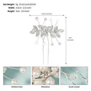 Détails de l'épingle à cheveux de mariée argentée avec perles et strass, taille 6.5x9cm