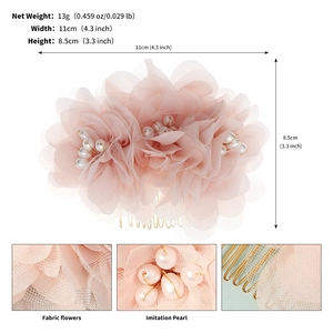 Bridal pink mesh flower hair comb with faux pearls and size dimensions shown