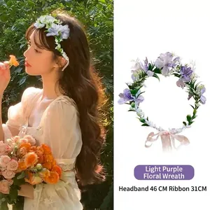 Detail of light purple floral headband with 46cm circumference and 31cm ribbon length