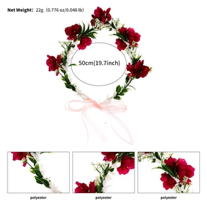 Detail view of 50cm red floral bridal wreath with polyester flowers and light pink ribbon