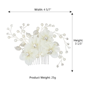 Detail of white fabric flower hair comb with pearls, crystals and silver wire vines