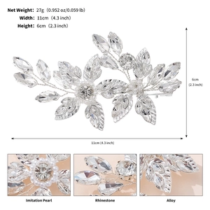 Detail showing bridal hair clip with rhinestone leaf and pearl measuring 11cm x 6cm