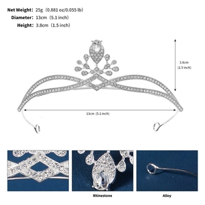 Detailed views of a zircon bridal crown with dimensions and silver rhinestone alloy texture