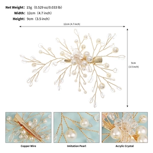 Detailed size specifications for handmade gold bridal hair clip with pearls and crystals