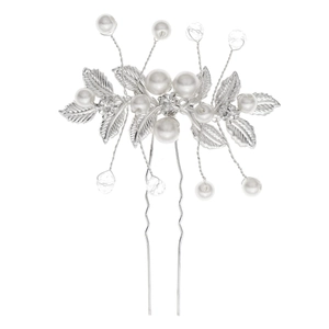 Épingle à cheveux de mariée argentée avec perles et feuilles pour coiffures de mariage