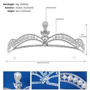Close-up detail of silver bridal tiara showing imitation pearls and rhinestone settings