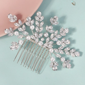 Peigne à cheveux de mariée avec motifs de feuilles en zircone sur base argentée