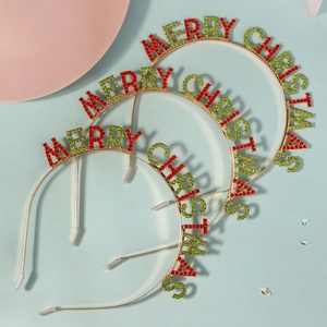 Lot de trois serre-têtes Merry Christmas dorés avec strass rouges et verts festifs