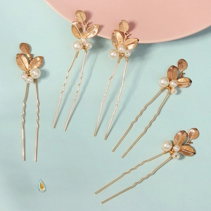 Détail de 5 épingles à cheveux feuilles dorées avec perles et design en U élégant