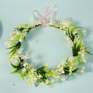 Floral bridal wreath headband with white star flowers and pink organza ribbon