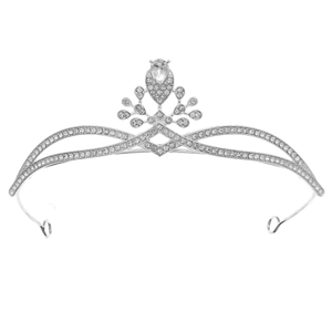 Elegant silver bridal crown with zircon leaf motifs and teardrop crystal centerpiece