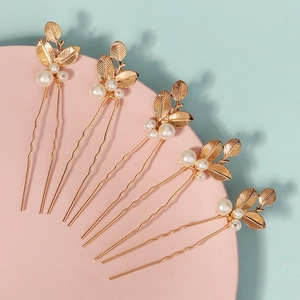 Élégantes Épingles à Cheveux en U en Alliage Doré avec Feuille et Fausse Künstliche Perle Style Antique pour Mariage de Mariée