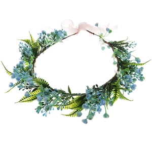 Blue berry and green leaf floral crown with pink ribbon for bridal wedding photography