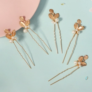Lot de 5 épingles à cheveux dorées avec feuilles et perles pour coiffure de mariée