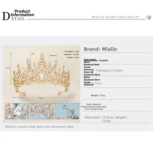 Detail showing dimensions of luxurious gold alloy bridal crown with clear crystal rhinestones