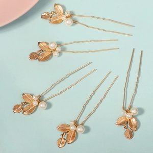 Set de 5 épingles à cheveux feuilles dorées et perles blanches pour mariée chic