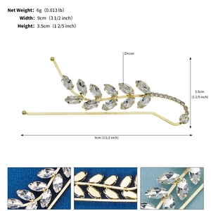 Detailed view of leaf-shaped hair clip with marquise zircons measuring 9cm by 3.5cm