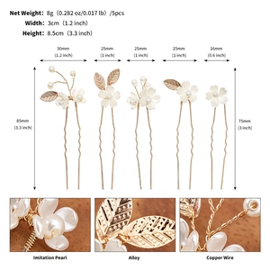 Detailed view of 5-piece gold floral hair pins set with pearls and dimension labels