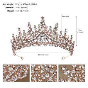 Detailed view of rose gold bridal crown with rhinestone dimensions and 125g weight