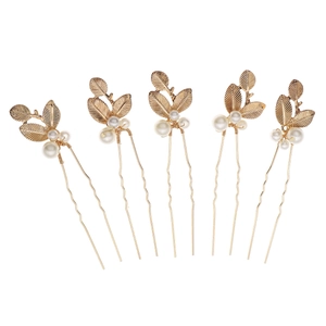 Lot de cinq épingles à cheveux dorées avec feuilles et perles pour coiffure de mariée