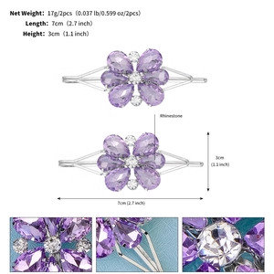 Detailed view of 7cm purple crystal flower hair clips with rhinestone accents and dimensions