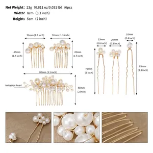 Detailed size chart for 6-piece bridal hair comb set with handmade imitation pearls