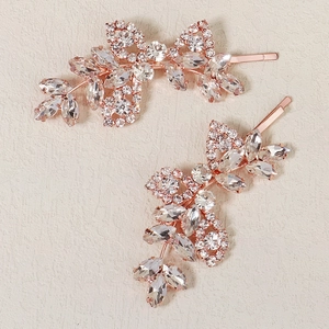 Elegant rose gold leaf and floral hair clip set with sparkling rhinestones for women
