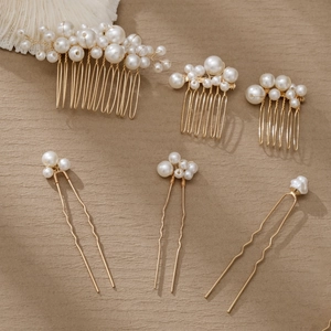 Vintage 6-piece bridal pearl hair comb and hairpin set in gold finish for weddings