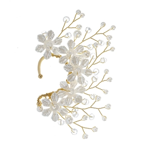 Elegant floral bridal ear cuff with white pearls and crystals on gold wire design