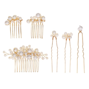 Elegant 6-piece gold pearl hair comb and pin set for bridal wedding hairstyles