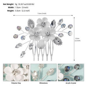 Detail view of handmade polymer clay flower bridal hair comb with rhinestones and crystals