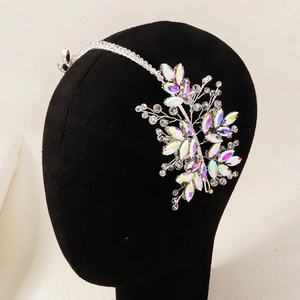 Macro detail of silver leaf bridal headband with iridescent AB crystals and beads