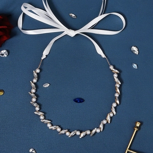 Exquisite pearl and marquise rhinestone bridal headband with white satin ribbon tie