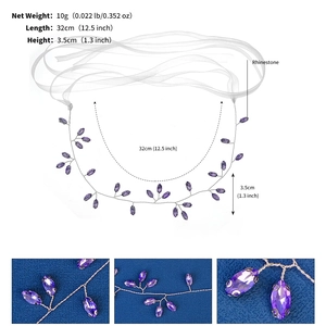 Détail du bandeau de mariée de 32cm avec strass violets et spécifications du fil argent