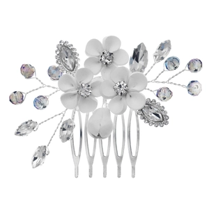 Elegant white floral bridal hair comb with handmade crystals and silver teeth for weddings