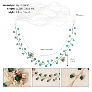 Serre-tête de mariée en cristal vert avec vigne dorée et strass pour mariage
