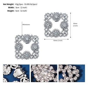 Detail view of silver square rhinestone shoe clips with size and weight measurements