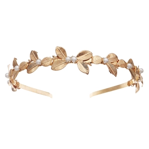 Elegante cerchietto in metallo dorato con foglie e perle bianche per capelli donna