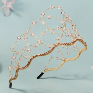 Serre-tête mariée fait main avec structure en maille dorée et perles de cristal irisées