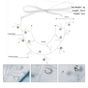 Détails d'un accessoire de coiffure de mariée en argent fait main avec perles et mesure de 31cm