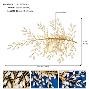 Detail showing dimensions and intricate golden wire weaving of the pearl hair comb