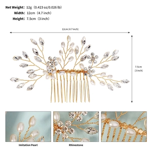 Dimensions détaillées du peigne de mariée avec gros plans sur perles et strass