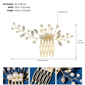 Detail view of handmade bridal hair comb with pearls and rhinestones showing dimensions
